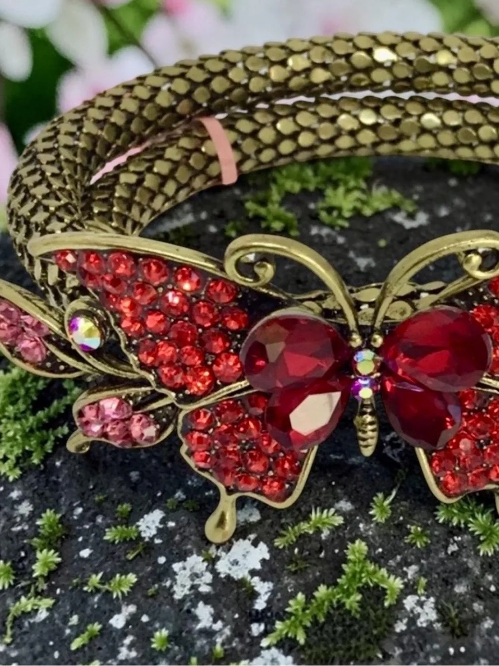 Butterfly statement bracelet gold tone, mesh cuff w red rhinestones new